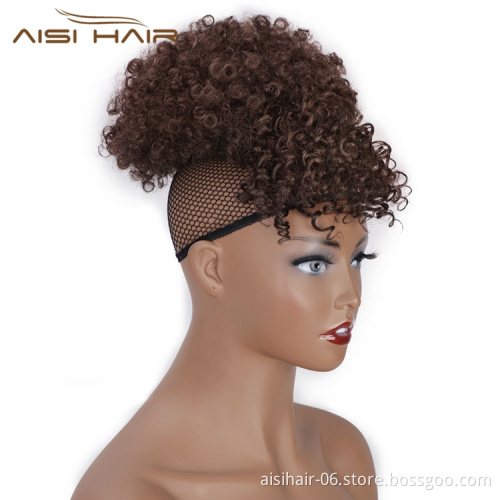 Aisi Hair Afro Puff Ponytail With Bangs Short Kinky Curly Hair Bun Clip In On Wrap Drawstring Updo Hair Extensions For Women